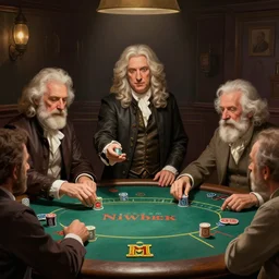 in an old west saloon isaac newton and stephen hawking and albert einstein playing poker, intricate, highly detailed, centered, digital painting, artstation, concept art, smooth, illustration, muted colors, art by norman rockwell and greg rutkowski and james gurney chuck close