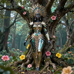 hyperrealistic neo - rococo cinematic super expressive! yoruba goddess with exoskeleton armor, merging with tree in a forest, pink yellow flowers, highly detailed digital art masterpiece, smooth cam de leon eric zener dramatic pearlescent soft teal light, ground angle hd 8 k, sharp focus