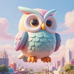patel coloured, elaborate, giant, massive, detailed, 3 d, pastel, blowup balloon owl with eyes and mouth, twisting geometry, floating in a 3 d painted, pastel sky, cinematic, 3 d designed city, 4 k by'eva cremers'and'lesley barnes'and'jordan coelho'