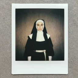 1970s, photo, a polaroid photo, art nouveau, dribble, a nun with long hair posing for a picture
