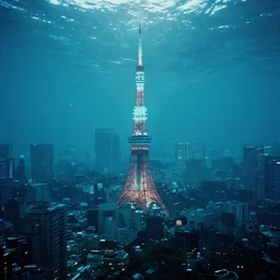 dreamy film still of cyberpunk tokyo at the bottom of the ocean