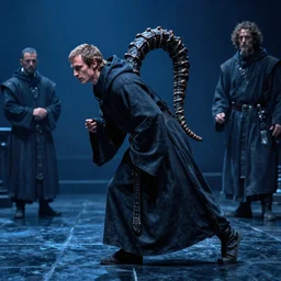 James Frain with a large crookback as an enigmatic, mysterious, shady, limping medieval monk from the 13th century, hyperrealist, detailed,  cinematic lighting, blue tones, shadows, 2022 movie, digital art by Rembrandt, Greg Rutkowski, Jan Matejko and J.Dickenson