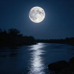 the night, the big moon, the river, the stars, artstation, dslr, ray tracing reflections