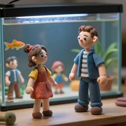 plasticine model of stop motion figures clay. minimal. tilt shift. fish tank in. visitors. photorealistic.