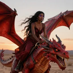 closeup of a beautiful black sorceress with purple eyes and long flowing hair, riding on the back of an enormous, roaring red dragon through the mojave desert at sunset. horror fantasy. 4 k. highly detailed. photorealistic.