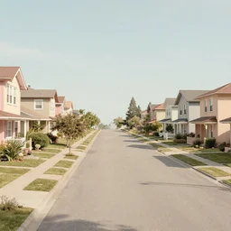 Grainy photograph of a liminal middle class American suburb, with narrow and tall pastel houses, clean, empty street, broad daylight, octane render, 3d render