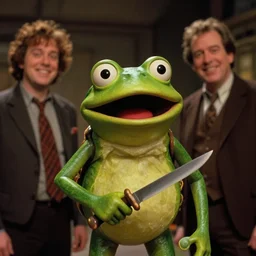 a humanoid frog laughing maniacally and holding a knife, by Jim Henson and Paul Oz and John Carpenter, movie still directed by Stanley Kubrick and cinematography by Ari Aster