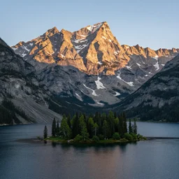 award winning landscape photography of wyoming rocky mountains with lake in front with island, wide angle, morning light
