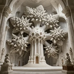 a hyperrealistic 3 d render of a huge sprawling fractal cathedral interior populated by mandelbrot fractals by android jones, unreal engine, carved stone, carved soap, white color scheme, volumetric lighting, octane render, dramatic lighting, glowing, carved marble, opalescent, sacred geometry, religious, angelic, catholicpunk, stark, 8 k, ultra detailed