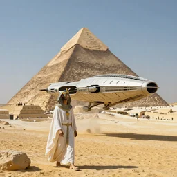 the god-king ra landing his pyramid shaped spaceship in an Egyptian oasis.