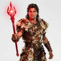 Fernando Torres wearing a fur barbarian tunic holding a glowing red magical wand with electrical bolts emitting from it. In a cave made of ice. Trending on Artstation, octane render, ultra detailed, art by Ross tran