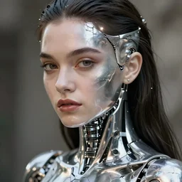 closeup portrait shot of a beautiful ana de armas, silver robot, shiny, reflective, android princess, biomechanical, porcelain cracking, slight glow, fantastical lighting, illustration, hajime sorayama, thomas kinkade, tomasz alen kopera, peter mohrbacher, donato giancola, leyendecker, boris vallejo, john howe, da vinci, beautiful ethereal landscape in the background