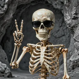 a skeleton in sunglasses giving the peace sign, artistic photography, f stop, iso, gray dungeon background, very realistic