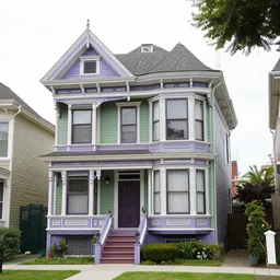 a four story Victorian style home, painted purple and green, 4k