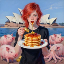 tall emo female artist holding pancakes, in chippendale sydney, maple syrup, gold bullion, berries, pigs, octopus, acrylic on canvas, surrealist, by magritte and monet