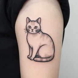 stick and poke tattoo of a cat, black and white tattoo, linework