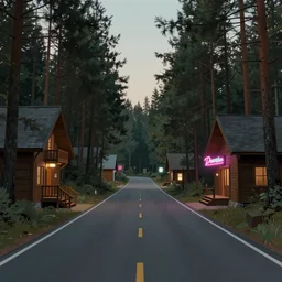 wide shot of a road surrounded by pine trees, wooden buildings with neon signs on sides of roads, digital painting by rembrandt, volumetric lighting, concept art, artstation, 8 k, moody lighting