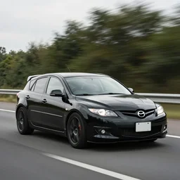 black GT4 Mazdaspeed3 Gen 1 hatchback black plain livery simple, racing on highway photo 2008 cinematic motion blur dof