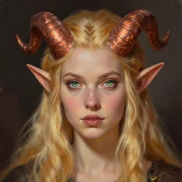 A head-on detailed oil portrait of a pretty elf woman with small curly copper horns, long blonde hair and bright irises, by greg rutkowski, trending on artstation, dungeon and dragons art