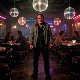 the full - body shot of crying unkempt drunkard brawler joaquin phoenix with sideburns worn in grey jacket in steampunk disco bar, still shot from withnail & i movie with cinematography of christopher doyle, frostpunk, neon light, discoball light, anamorphic, optical flares, kodak film, 8 k