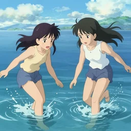 2 girl playing water in the sea, illustration concept art anime key visual trending pixiv fanbox by wlop and greg rutkowski and makoto shinkai and studio ghibli