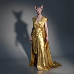 hairless tabaxi wearing golden robes, long shadow, by greg rutkowski, refractions, highly detailed, cinematic by francis tnehunreal, octane render, nvidia, concept art