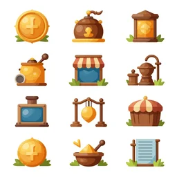 a set of fantasy icons, quest, shop, crafting, rpg, vector, ui, ux, abstract, stylized, 2 d, very high quality