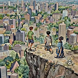 depiction Three inner city boys on the precipice Of a cliff overlooking A vast Forest with New York City on the horizon illustration by Ruan Jia and Mandy Jurgens and William-Adolphe Bouguereau, Artgerm, 4k, digital art, surreal, space dandy style, highly detailed, godsend, artstation, digital painting, concept art, smooth, sharp focus, illustration by Ruan Jia and Mandy Jurgens and William-Adolphe Bouguereau