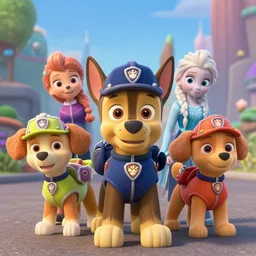 paw patrol as real life human characters in the movie frozen, furry, photorealistic, cinematic, 3 5 mm