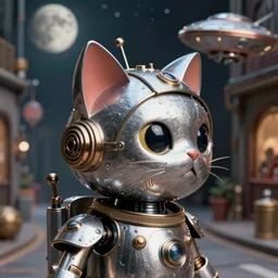 zoomed out profile face portrait of tin toy cat robot in armour, 1 9 5 0 s scifi, ufo, moon, meninblack, steampunk, alley, streets, nicoletta ceccoli, mark ryden, lostfish, max fleischer, depth of field, detailed and intricate environment, 8 k resolution, hyperrealistic, octane render