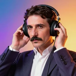 Nicola Tesla listening music with headphones, Vibrant colors, Smooth gradients, cinematic