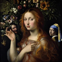 a portrait of one beautiful young goddess with a wall of flowers behind her, painted by botticelli, diego velazquez and rachel ruysch and vermeer, swirling coloured hair, hyperreal, dark, dramatic lighting, analogous complementary colour scheme