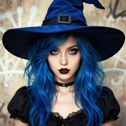highly detailed closeup portrait of a punk witch lady student, blue witch hat, black dress, blue eyes, wavy blue hair by atey ghailan, by greg rutkowski, by greg tocchini, by james gilleard, by joe fenton, by kaethe butcher, gradient, blue, black, brown and cream color scheme, grunge aesthetic!!! white graffiti tag wall background