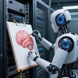 a high resolution photo of a robot painting a picture of a brain in a server room, hyper detailed, photography, realistic, art, 8 k, unreal engine, cinematic, shallow focus, f 2. 8 3 5 mm