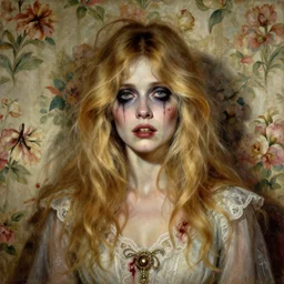 a beautiful and eerie baroque painting of a gorgeous but sinister woman in layers of fear, with haunted eyes and wild blonde hair, 1 9 7 0 s, seventies, floral wallpaper, wilted flowers, a little blood, morning light showing injuries, delicate embellishments, painterly, offset printing technique, by brom, robert henri, walter popp