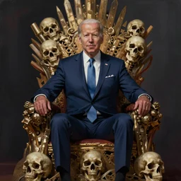 Joe Biden sitting on a throne of skulls, digital painting, trending on artstation