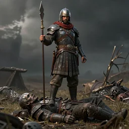 a brave commander standing on his dead enemy, 8k, HD, detailed, hyperdetailed,