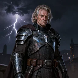 night, lightning storm, a portrait of an old man, scowling, battle worn armour, techwear, Sith, Star Wars art, art by greg rutkowski, matte painting, trending on artstation