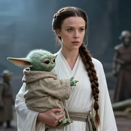 film still of!!!! millie bobby brown!!! as princess leia in star wars movie, long braided hair pulled back, closeup portrait, wearing long white robe, deep focus, carrying yoda, exploring swap on dagobah, glamour pose, dramatic lighting, octane, mist, volumetric lighting, 8 k