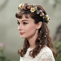 audrey hepburn as a beautiful woman how pre - raphaelites beauty type in style of paolo roversi, britt marling style 3 / 4, long hair are intricate with highly detailed realistic branches with flowers like a crown, a beautiful ethereal lace white dress, 8 k, soft focus, soft light, volumetric lighting, highly detailed realistic, refined, highly detailed, natural outdoor soft pastel lighting colors scheme, outdoor fine art photography