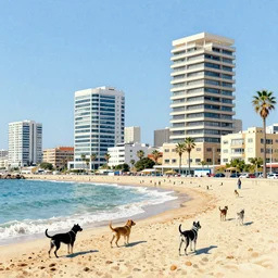tel aviv shoreline. dogs. bauhaus style. buildings with balconies. highly detailed. pen drawing painted with watercolors. colorful. low buildings. palm trees. blue skies