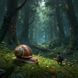 forest people hunting in futuristic spiritual mystical post apocalyptic forest from snail on the slope, dim painterly volumetric aquatic lighting, beautiful, crisp, artstation, highly detailed
