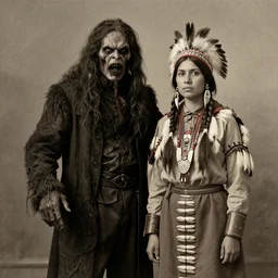 victorian photo portrait of a scary horror monster and a native american warrior girl, 1825