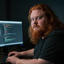 an cinematic headshot portrait of a fat ginger man, long hair, facial hair, sat in the dark, on a pc, coding, ultra realistic