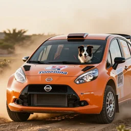 border collie dog in the driver's seat of an orange nissan note, rally driving photo, award winning photo, golden hour