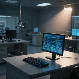 a lone computer blinking in an empty lab, a scene in the style of rhads!!!!! on artstation
