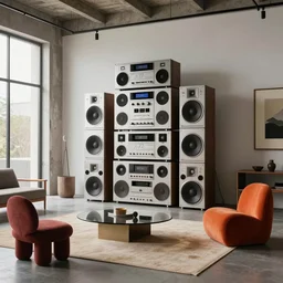 futuristic apartment, massive 1 9 7 0 s hi fi system, funky furniture, modern art, wabi sabi, industrial chic, minimalism, loft style, interior design magazine