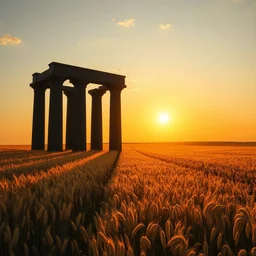 my dream of black pillars in a grain field, golden hour