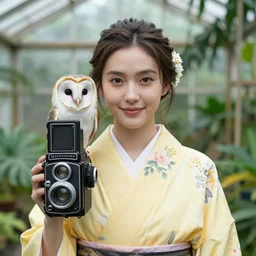 portrait photograph of beautiful!!!! young female model, symmetric face, symmetric eyes, slight smile, natural light, wearing a yellow kimono with a very detailed barn owl on her shoulder!!! in a tropical greenhouse. looking at the camera!!. super resolution. Extremely detailed. Graflex camera, bokeh.