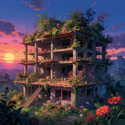 a beautiful ultradetailed highly detailed architecture unfinished building deck by henri rousseau, wilderness anime retrowave hyperrealism flowers sunset bladerunner 2 0 4 9 studio ghibli sunlight neon noir dramatic lighting synthwave nature nightsky, archdaily, wallpaper, highly detailed, trending on artstation.